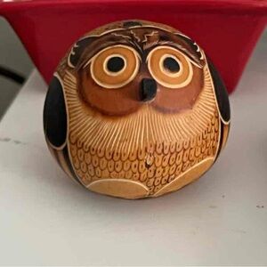 Hand painted gourd owl sculpture with etched feather decals